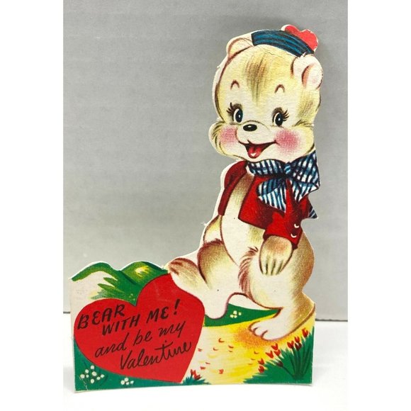 Vintage Valentines Day Greeting Card Bear With Me Anthropomorphic Bear 40s - Picture 4 of 6